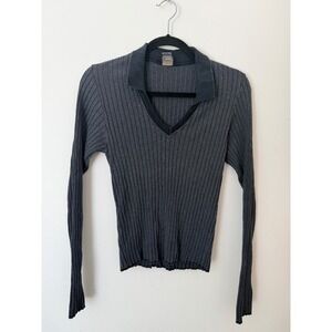 Vintage 90s MGR Ribbed Collared V Neck Top Womens L Gray Fitted Baby Tee Made US